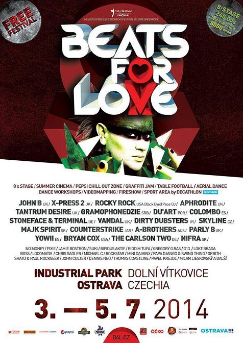 Flyer k akci Beats for Love - den prvn (t 03. 7. 2014 21:00) Industrial Park - Doln oblast Vtkovice, Ostrava (CZ)