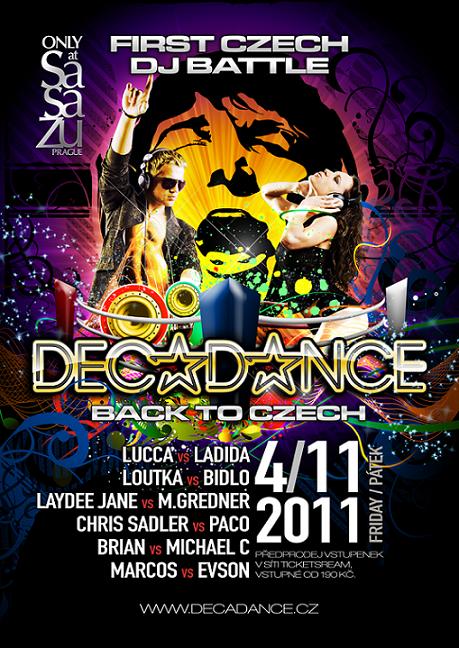 Flyer k akci DECADANCE  BACK TO CZECH! (p 04. 11. 2011 22:00) SaSaZu, Praha 6 (CZ)